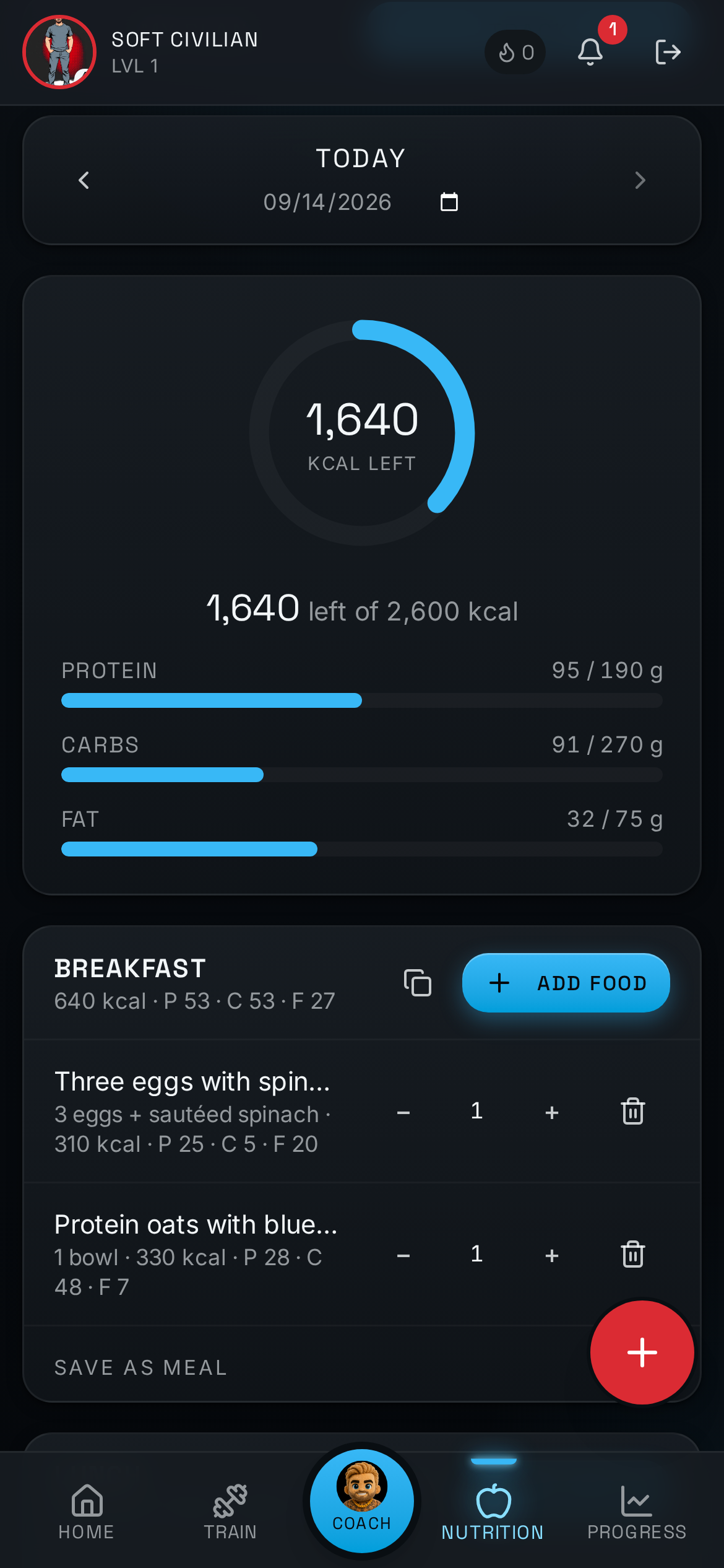 App screen showing a daily nutrition plan with calorie and macro targets for men over 40