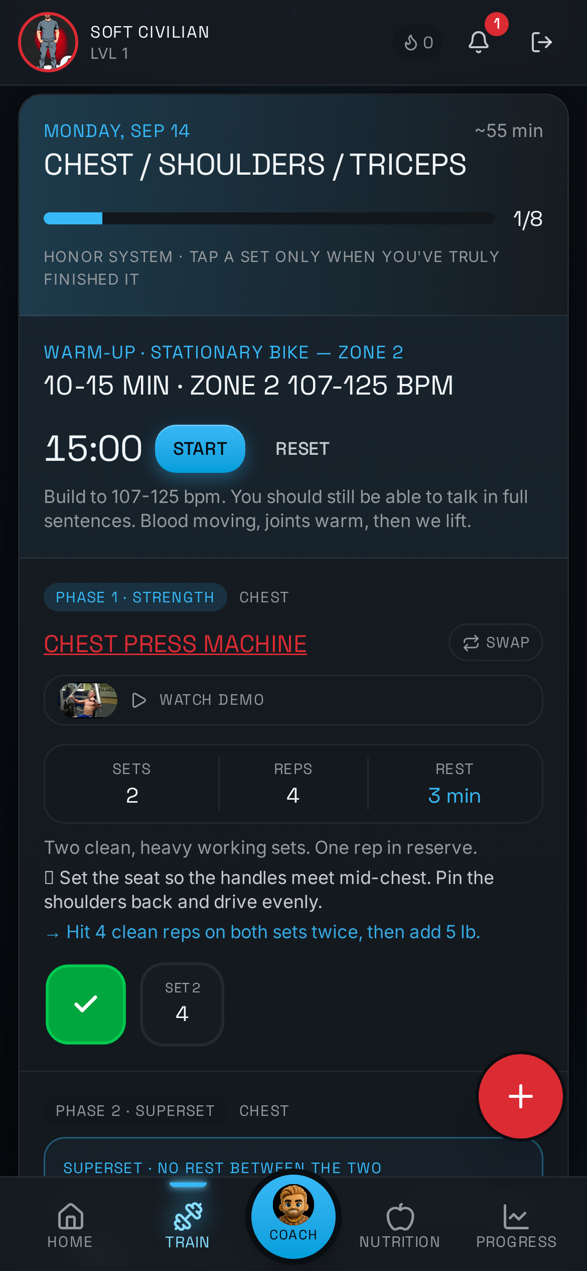 Free workout app setup screen asking about training days and experience